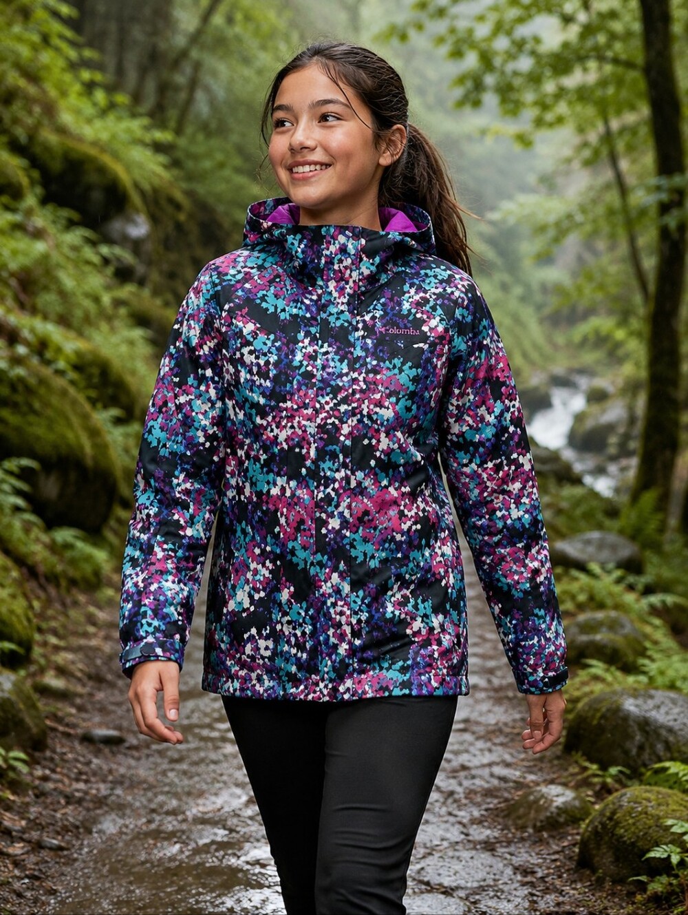 Columbia Girls Waterproof Floral Hooded Rain Jacket OUTGROWN Large 14/16